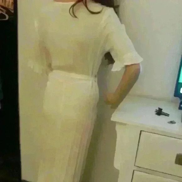 Midi white beach wedding wrap A line flared ruched  short sleeve dress M - Picture 4 of 5